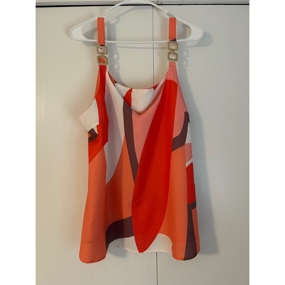 Abstract Geometric Print Cami Top Orange Red Gold Hardware 2XL